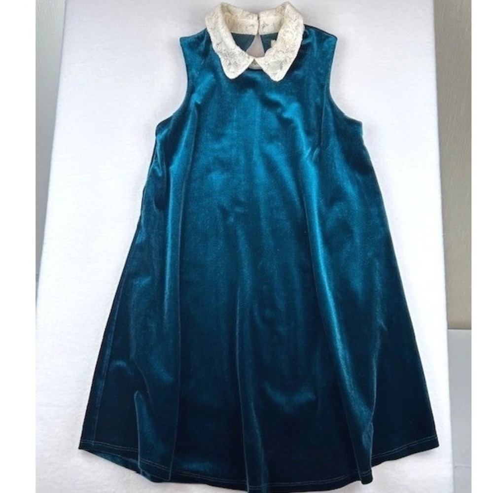 Copper Key Girls Teal Green Velvet Lace Collar Shift‎ Dress Size 8 Holiday Party